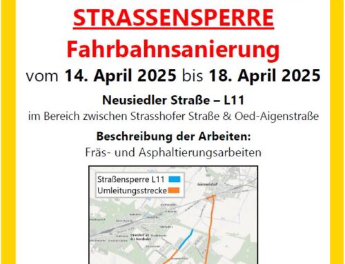 Fahrbahnsanierung – Neusiedler Straße – 14. bis 27. April 2025
