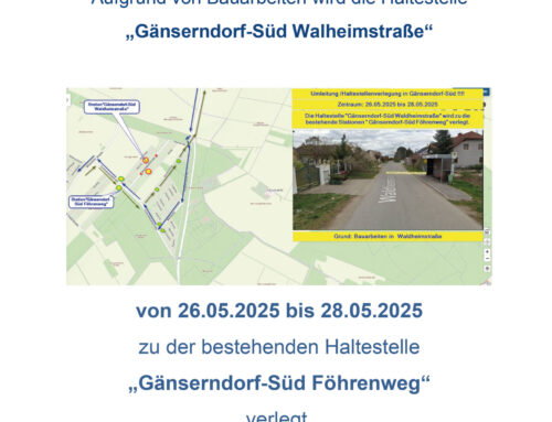 BUS: Verlegung Haltestelle „Gänserndorf-Süd Waldheimstraße“ | 26. bis 28. Mai 2025
