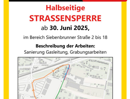 Halbseitige Straßensperre: Bereich Siebenbrunner Straße 2-18 – ab 30. Juni