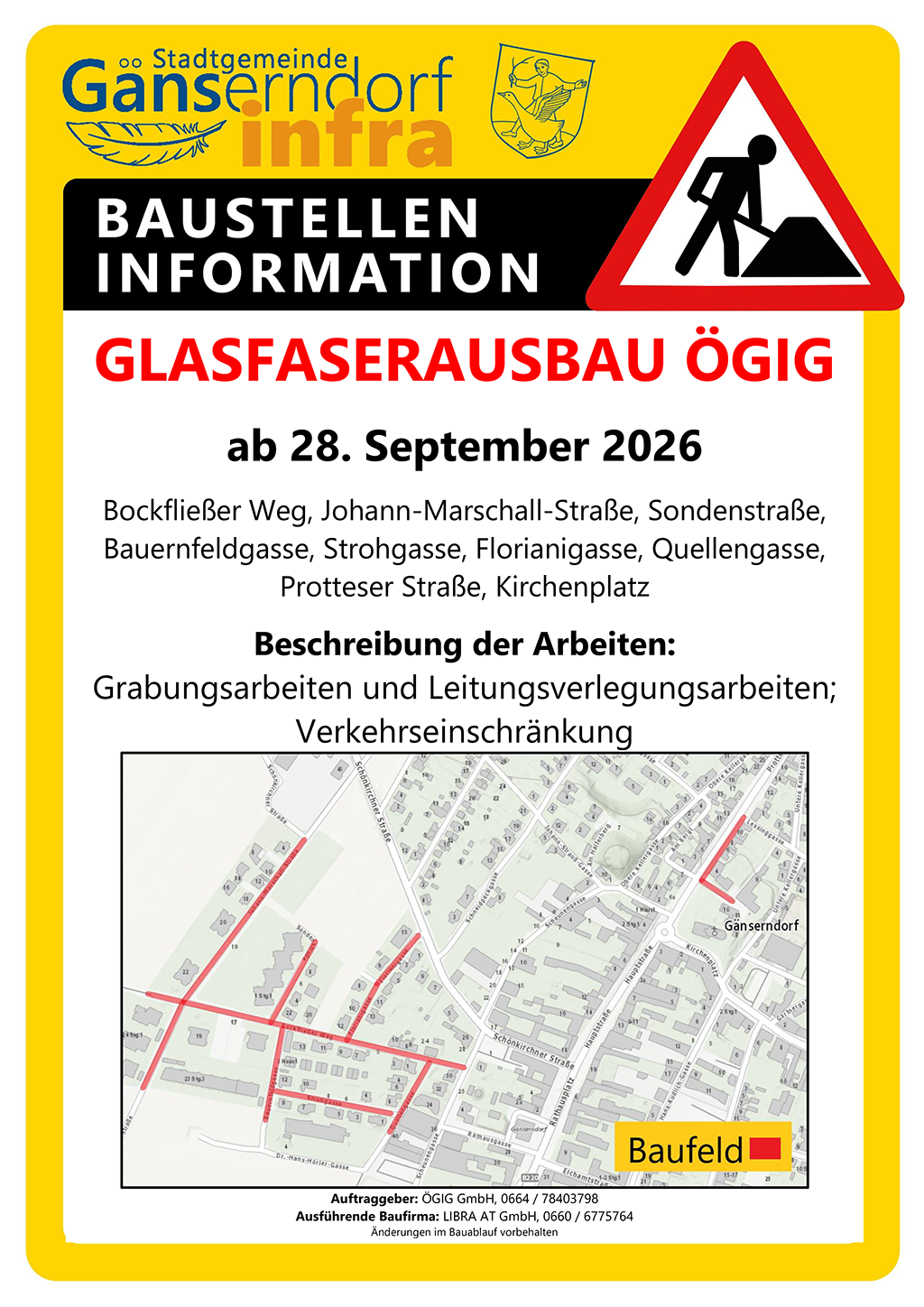 Glasfaserausbau Gänserndorf: Bauarbeiten und Verkehrseinschränkungen ab 28. September 2026