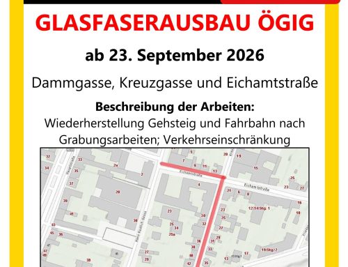 Glasfaserausbau – Wiederherstellung Gehsteig und Fahrbahn – Dammgasse/Kreuzgasse/Eichamtstraße