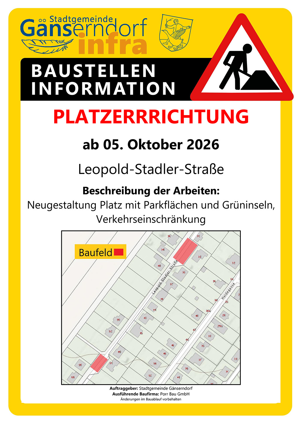 Platzerrrichtung Gänserndorf Leopold-Stadler-Straße ab 05.10.2026 Neugestaltung mit Parkflächen, Grüninseln und Verkehrseinschränkung
